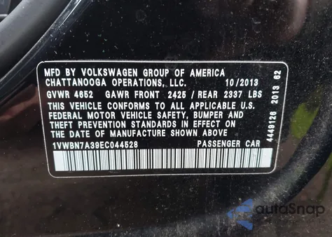 2014 Volkswagen Passat 2.0L Tdi Se z USA, uszkodzony, nr VIN 1VWBN7A39EC044528